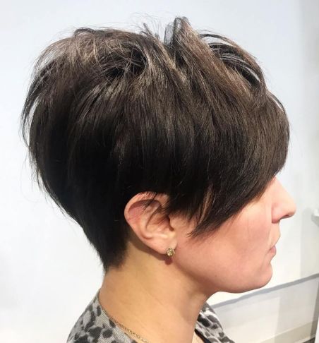 high-lifted back and a long fringe with extra volume on top bixie haircut
