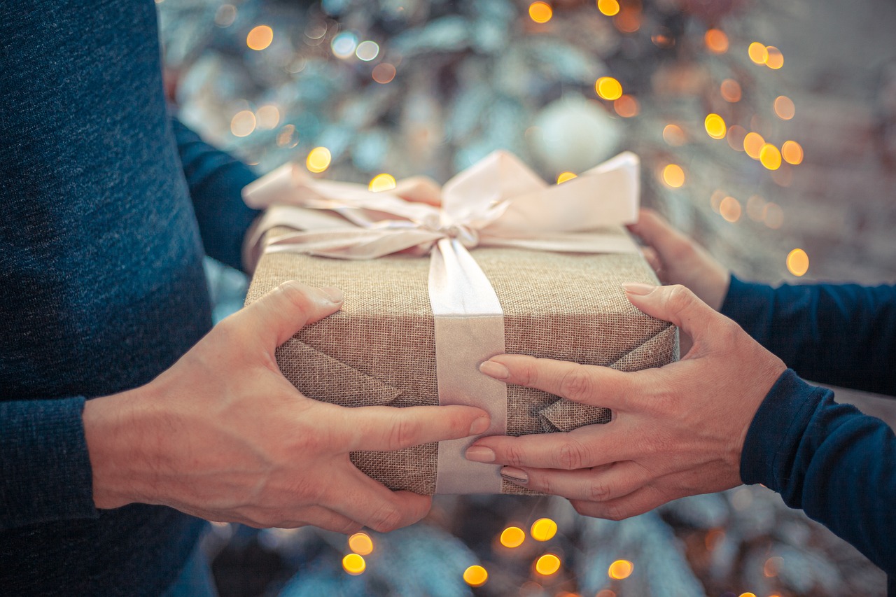 Person holding a wrapped gift with a bow, presented to another person. 